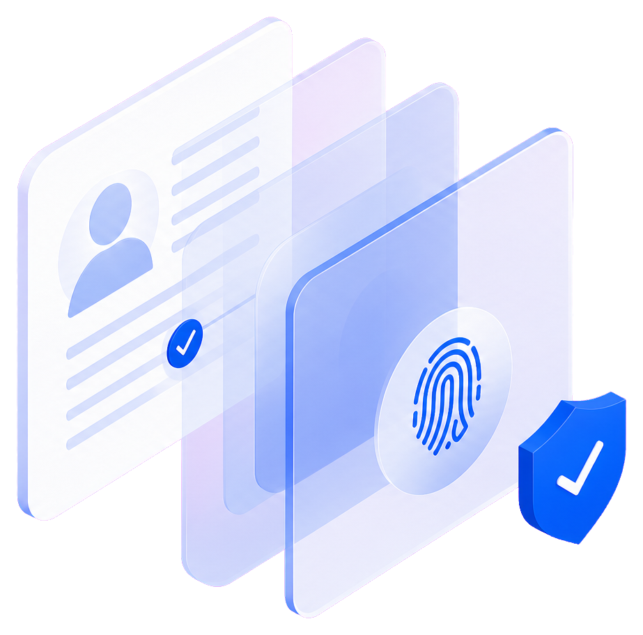 Layered identity cards with fingerprint and verified security shield