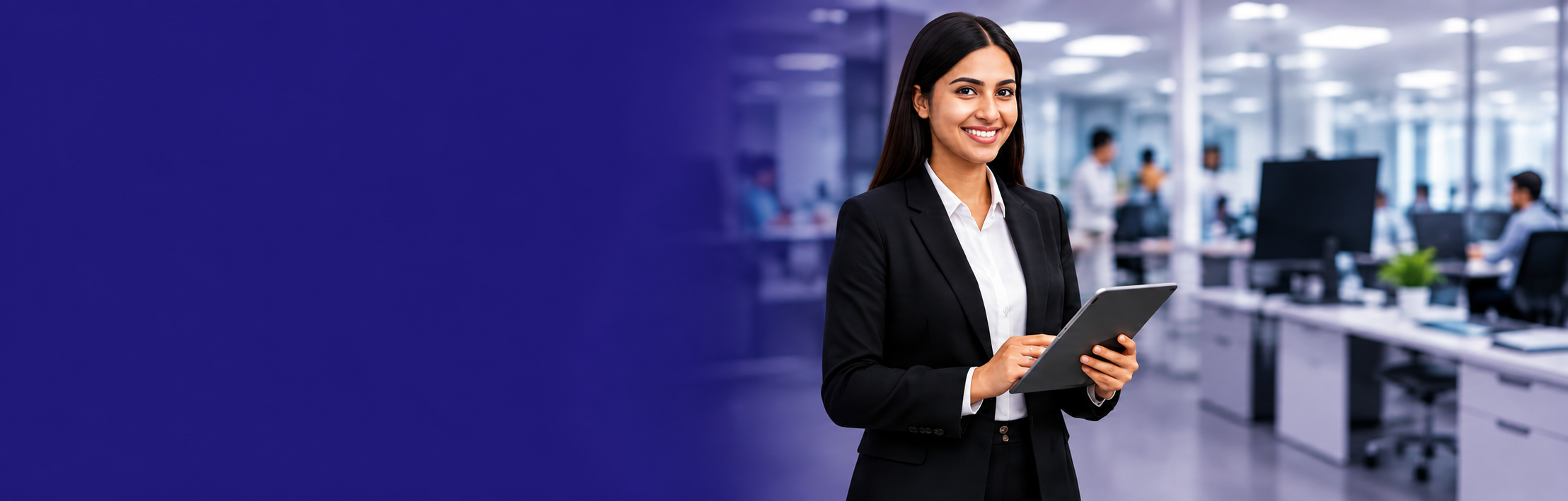 Staffing professional with tablet in office